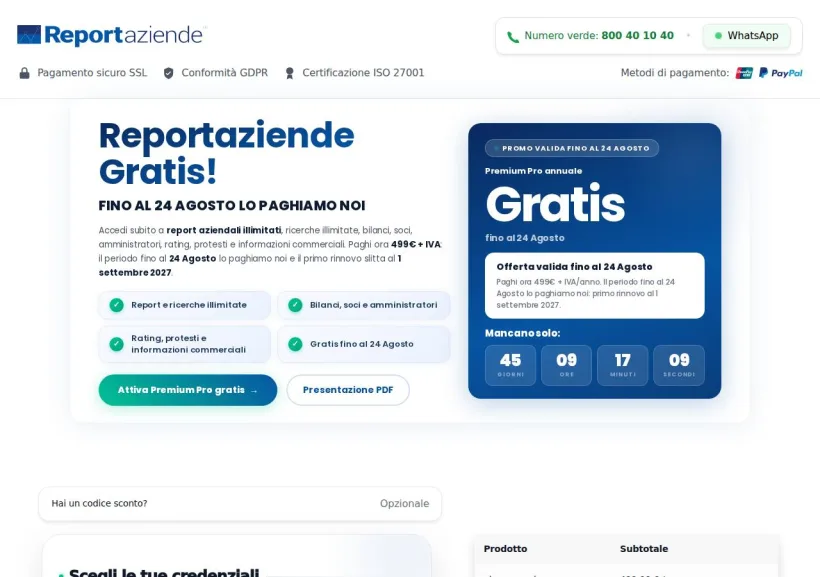 Schermata della pagina offerta di Reportaziende