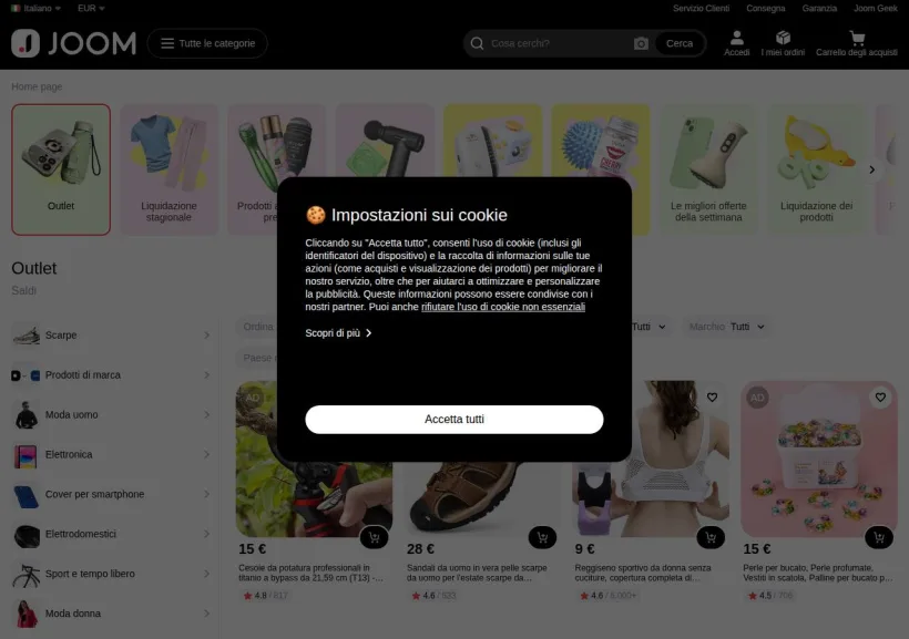 Schermata della pagina offerta di Joom