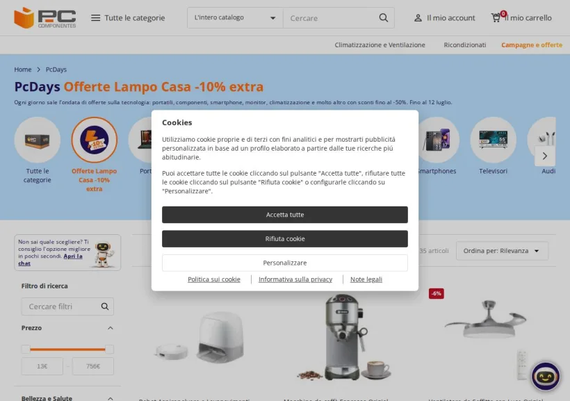 Schermata della pagina offerta di Pc Componentes