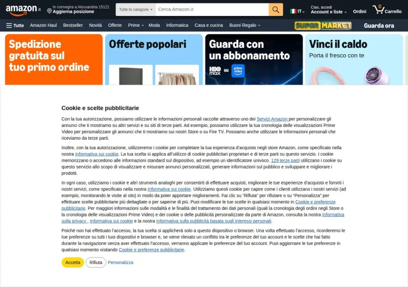 Schermata della pagina offerta di Amazon