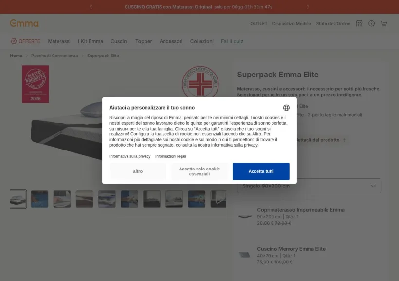 Schermata della pagina offerta di Emma Mattress
