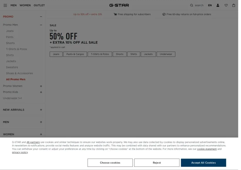 Schermata della pagina offerta di G-Star