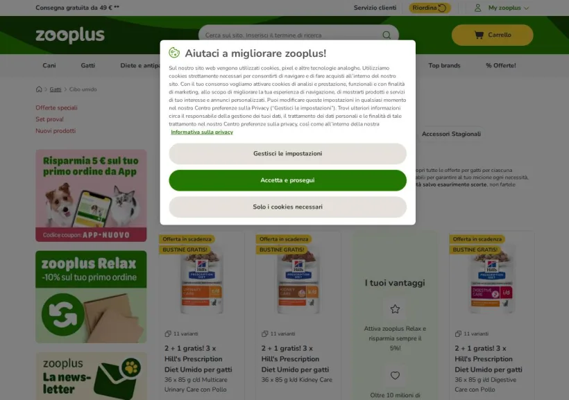 Schermata della pagina offerta di Zooplus
