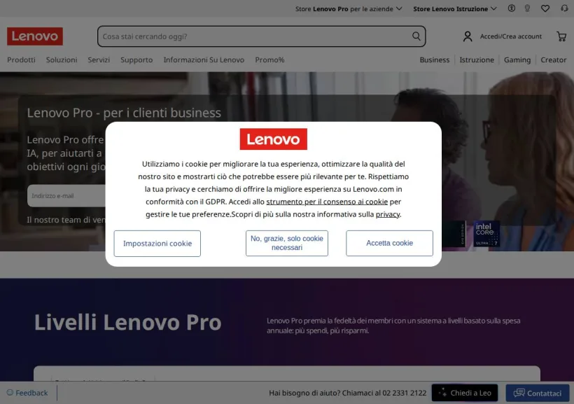 Schermata della pagina offerta di Lenovo