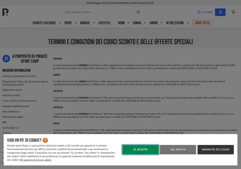 Schermata della pagina offerta di Private Sport Shop