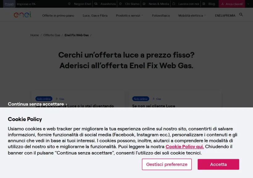 Schermata della pagina offerta di Enel