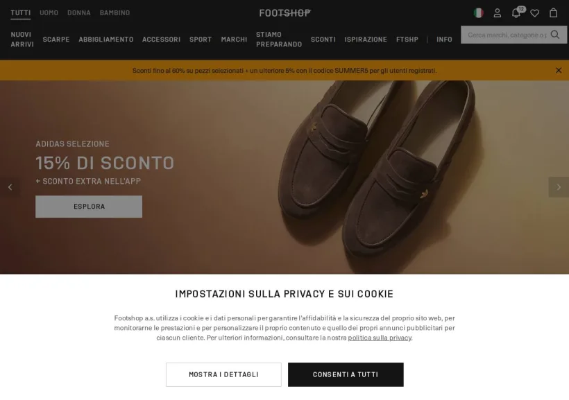 Schermata della pagina offerta di Footshop