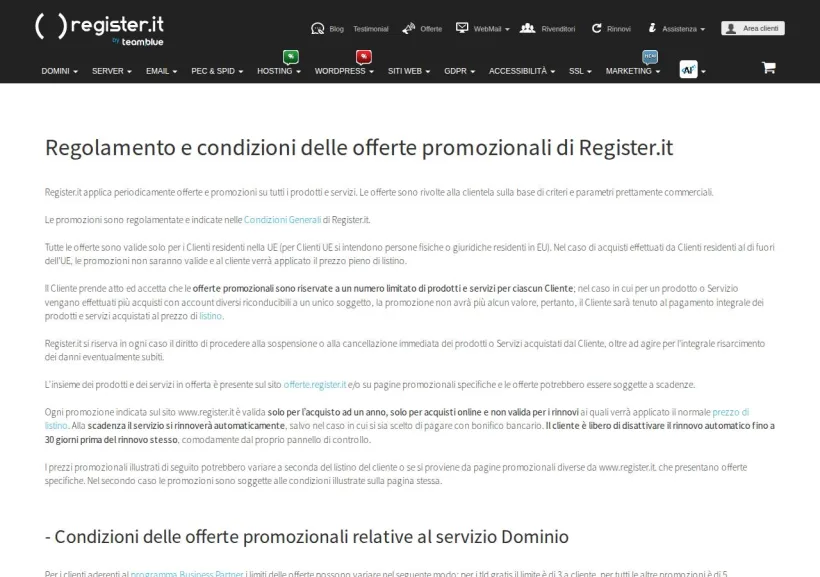 Schermata della pagina offerta di Register