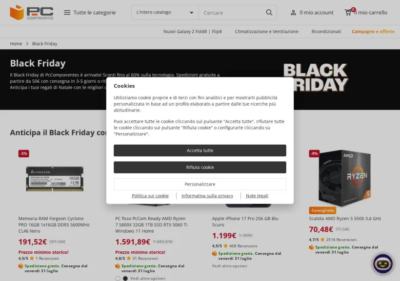 Schermata della pagina offerta di Pc Componentes