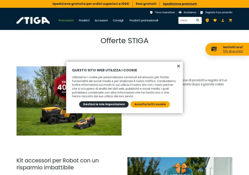 Schermata della pagina offerta di STIGA