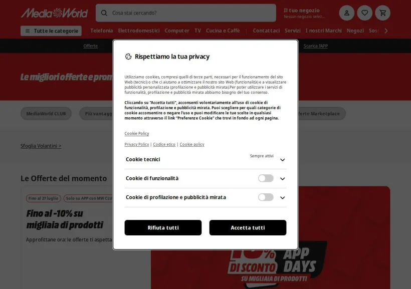 Schermata della pagina offerta di Mediaworld