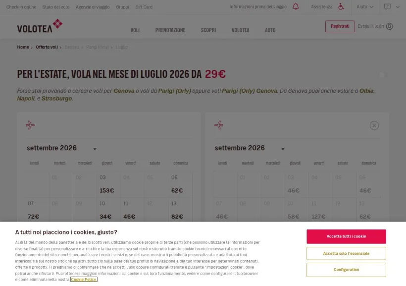 Schermata della pagina offerta di Volotea