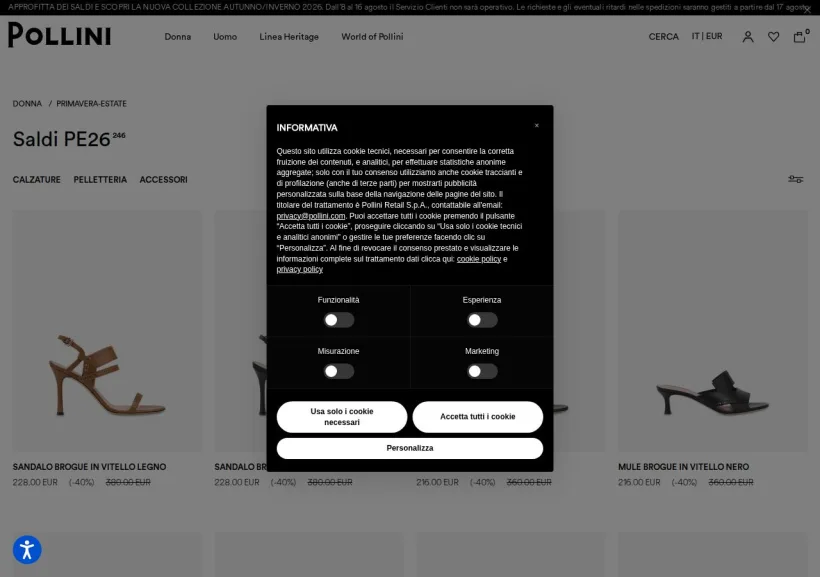 Schermata della pagina offerta di POLLINI