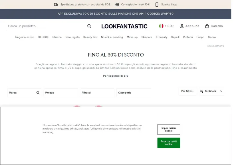 Schermata della pagina offerta di Look Fantastic