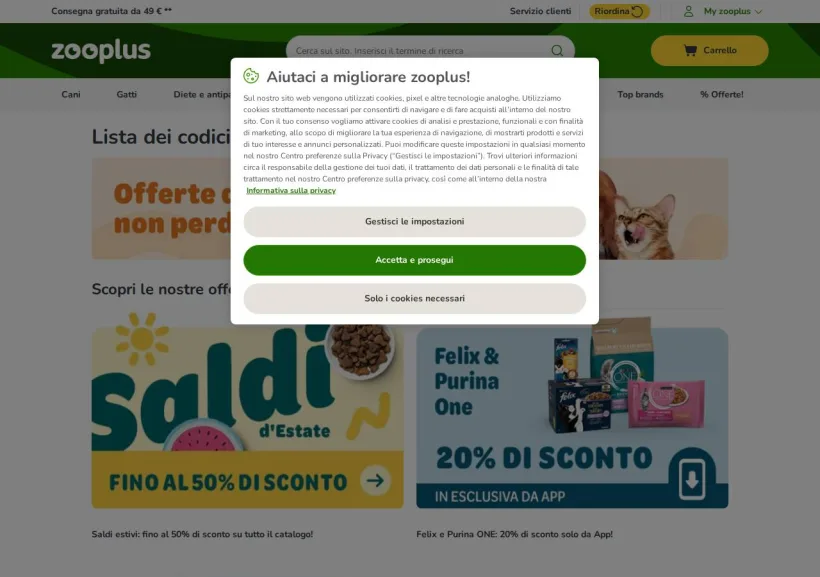 Schermata della pagina offerta di Zooplus