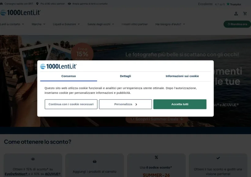 Schermata della pagina offerta di 1000lenti