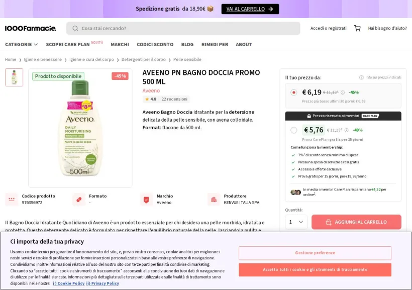 Schermata della pagina offerta di 1000Farmacie