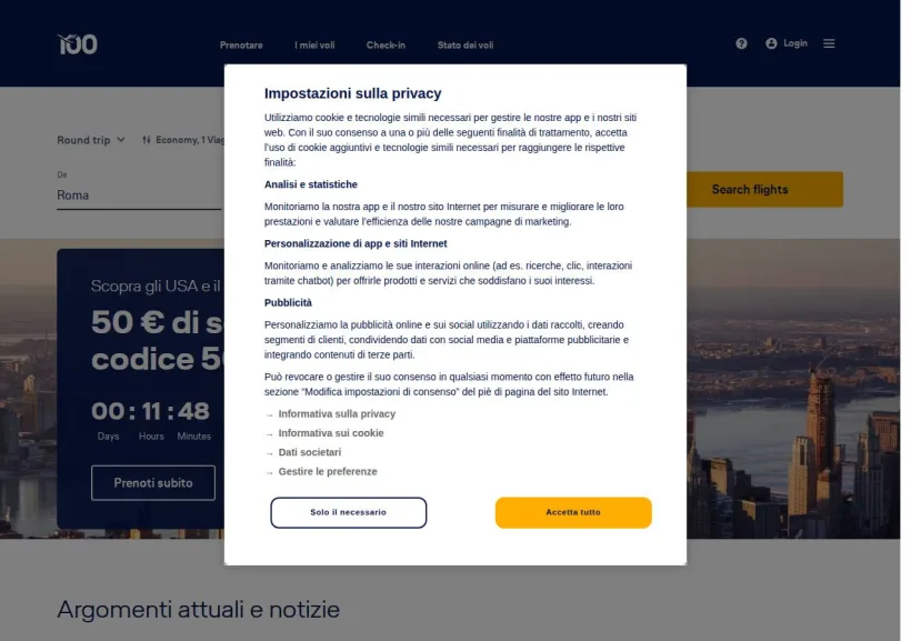 Schermata della pagina offerta di Lufthansa