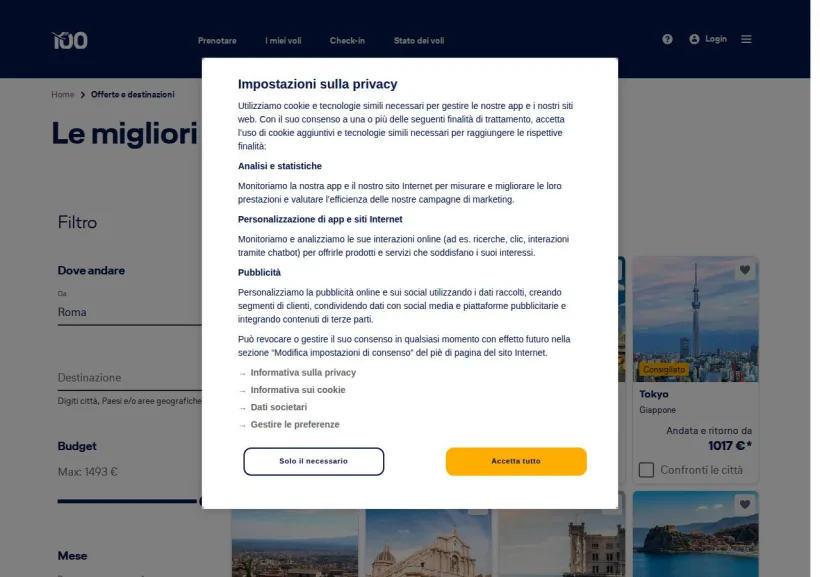 Schermata della pagina offerta di Lufthansa