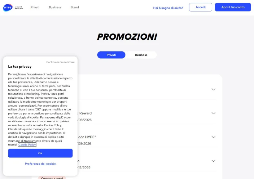 Schermata della pagina offerta di HYPE