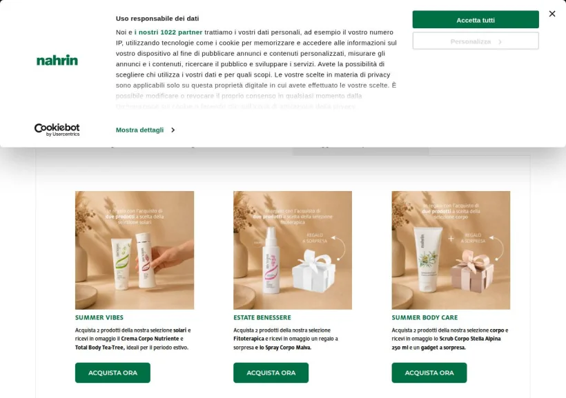 Schermata della pagina offerta di Nahrin