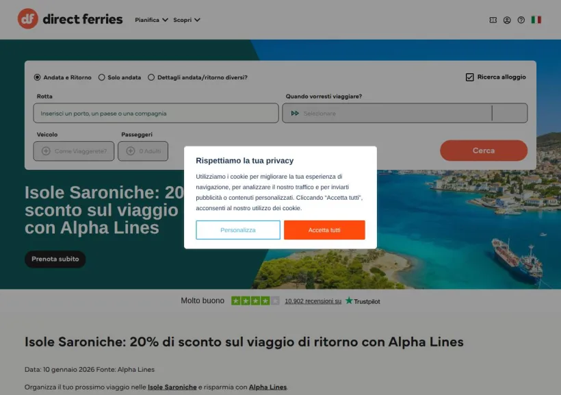 Schermata della pagina offerta di Direct Ferries