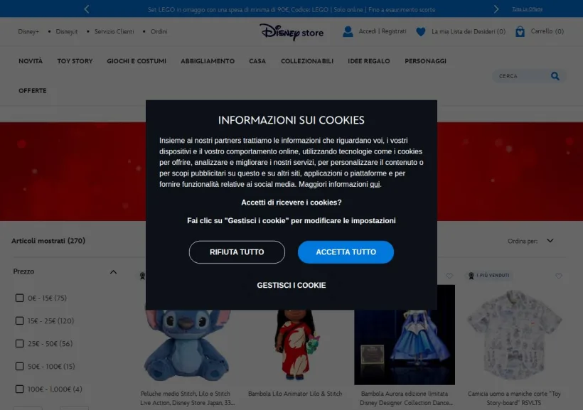 Schermata della pagina offerta di Shop Disney