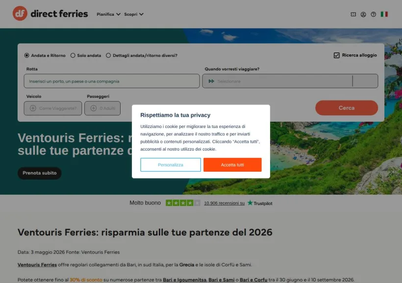 Schermata della pagina offerta di Direct Ferries