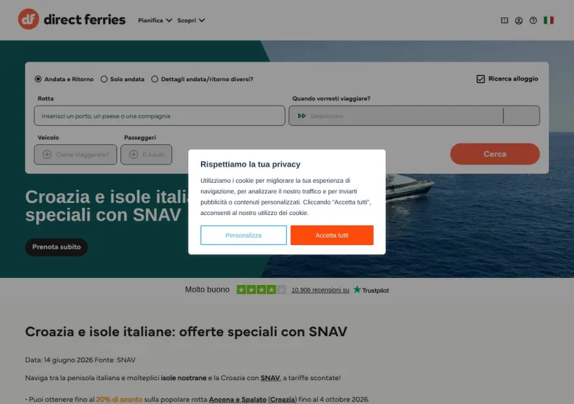 Schermata della pagina offerta di Direct Ferries