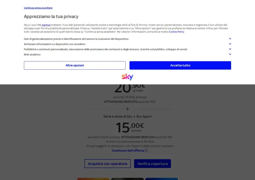 Schermata della pagina offerta di SKY