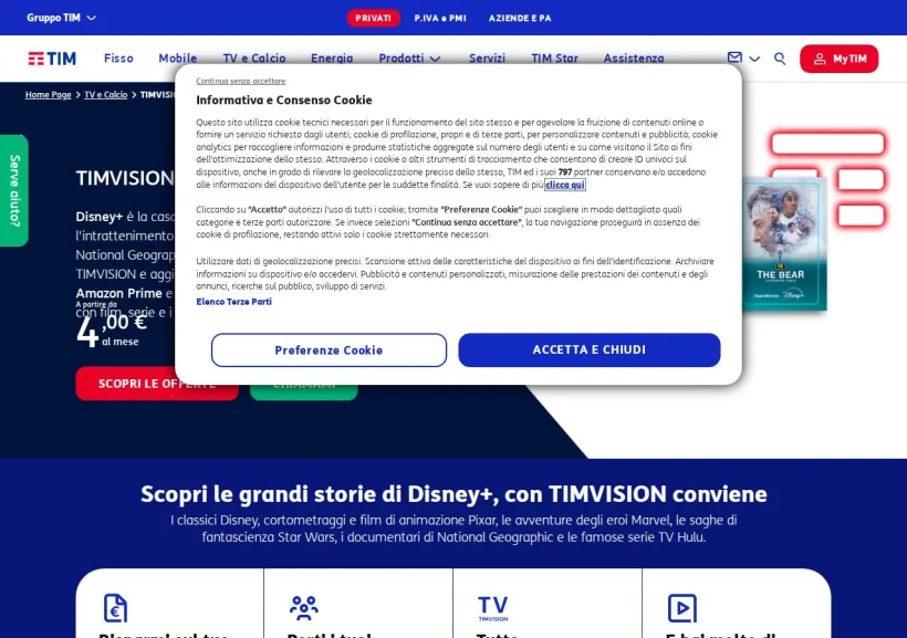 Schermata della pagina offerta di TIM