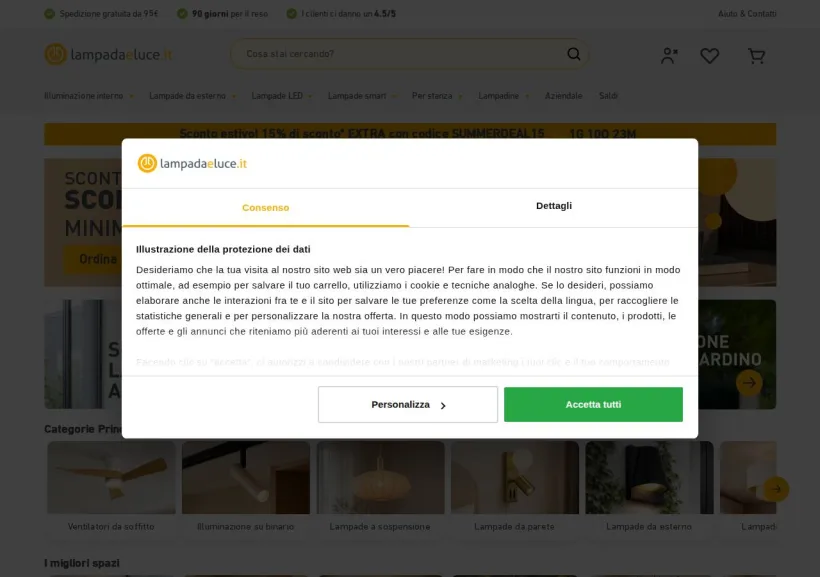 Schermata della pagina offerta di Lampada e Luce