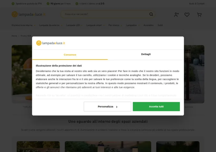 Schermata della pagina offerta di Lampada e Luce