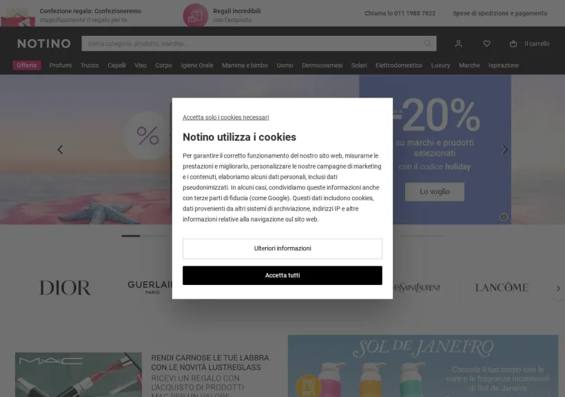 Schermata della pagina offerta di Notino