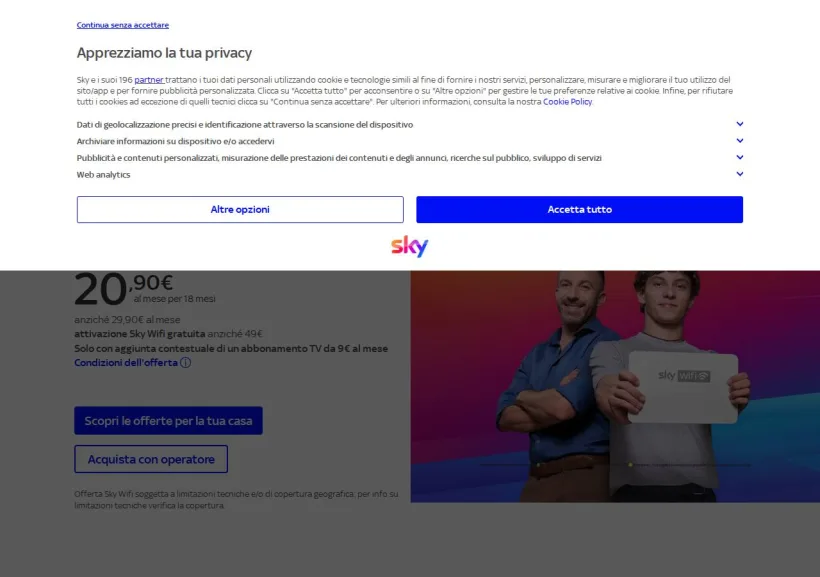 Schermata della pagina offerta di Sky Wifi