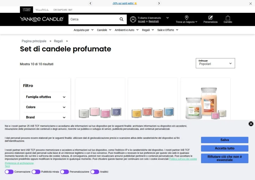Schermata della pagina offerta di Yankee Candle