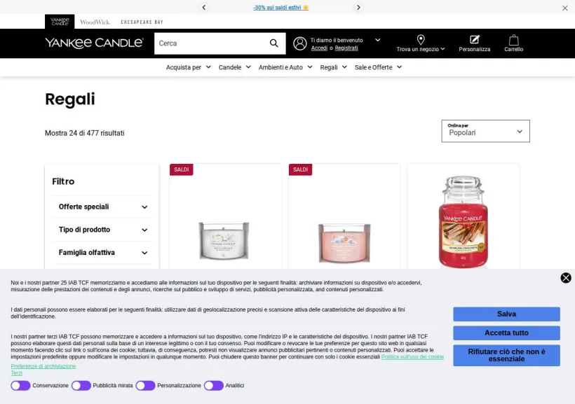Schermata della pagina offerta di Yankee Candle