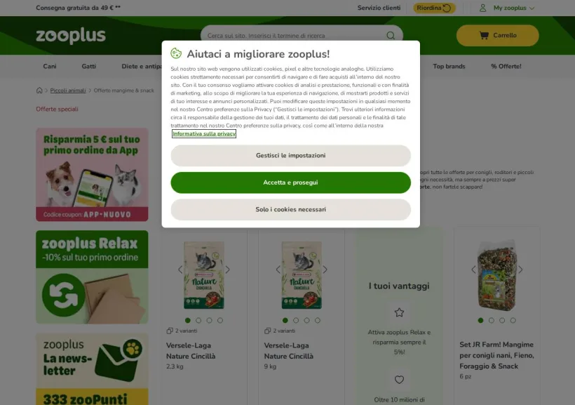 Schermata della pagina offerta di Zooplus