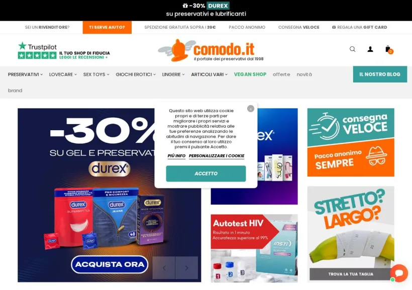Schermata della pagina offerta di Comodo.it - Il portale dei preservativi
