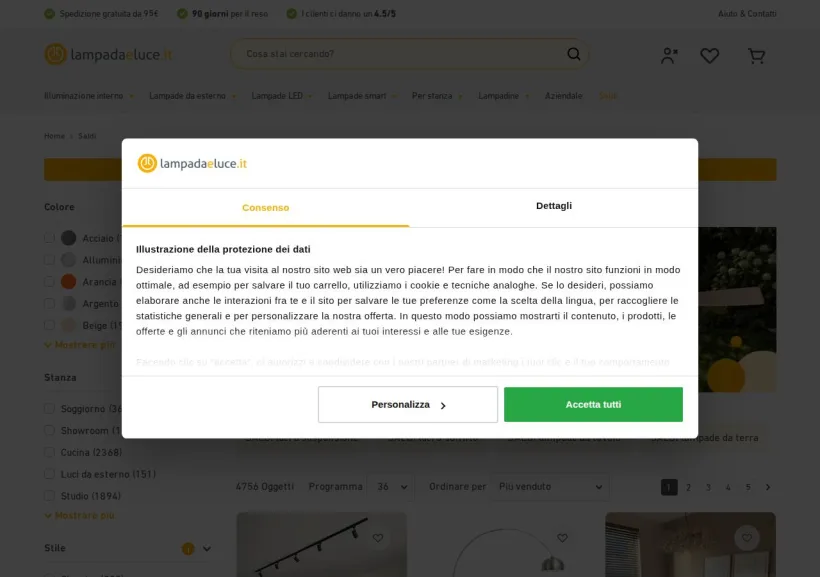 Schermata della pagina offerta di Lampada e Luce