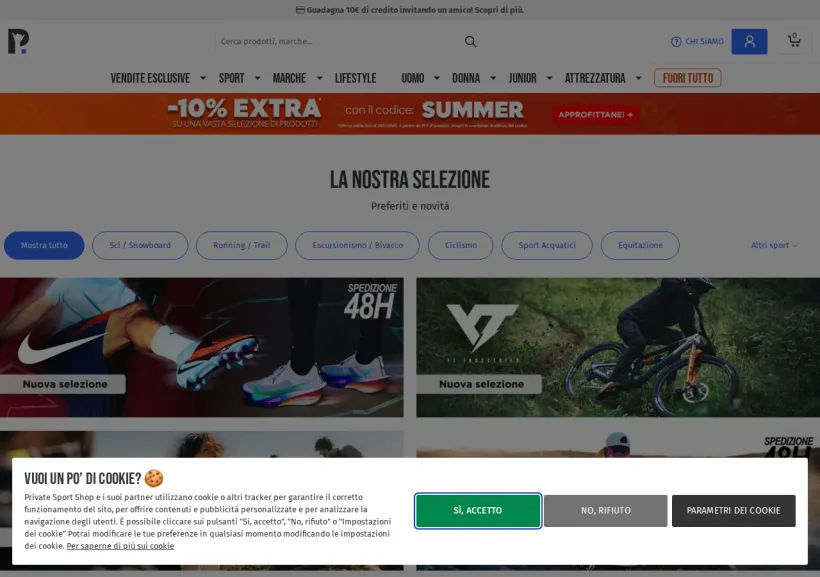 Schermata della pagina offerta di Private Sport Shop