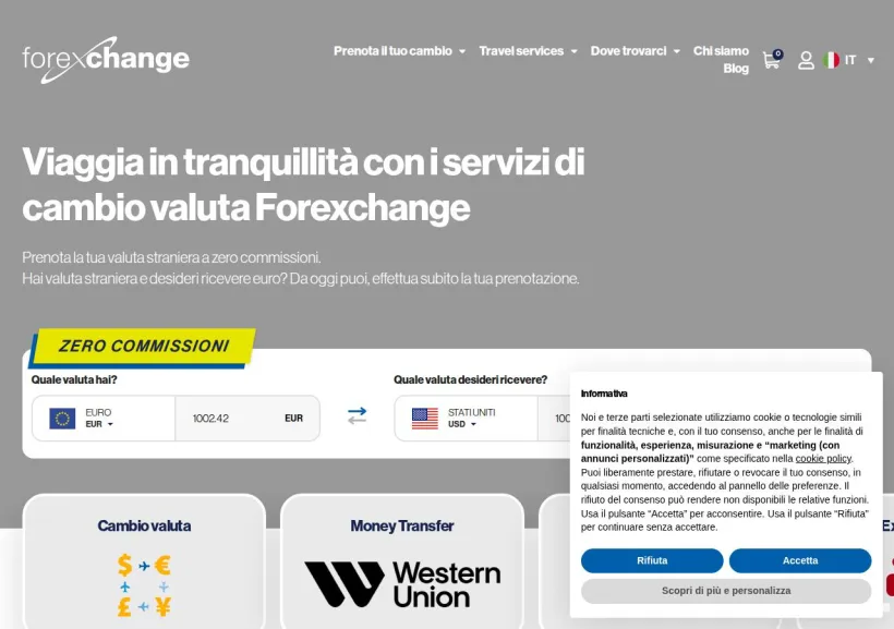 Schermata della pagina offerta di Forexchange