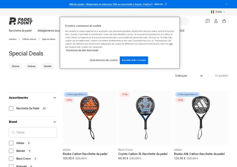 Schermata della pagina offerta di Padel-Point