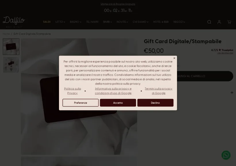 Schermata della pagina offerta di Dalfilo