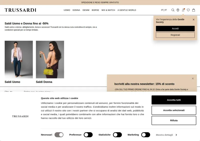 Schermata della pagina offerta di Trussardi