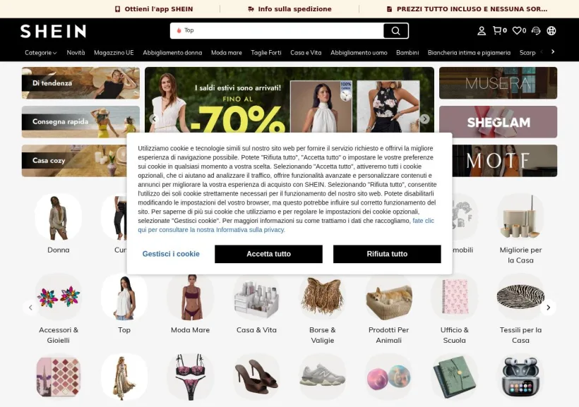 Schermata della pagina offerta di Shein