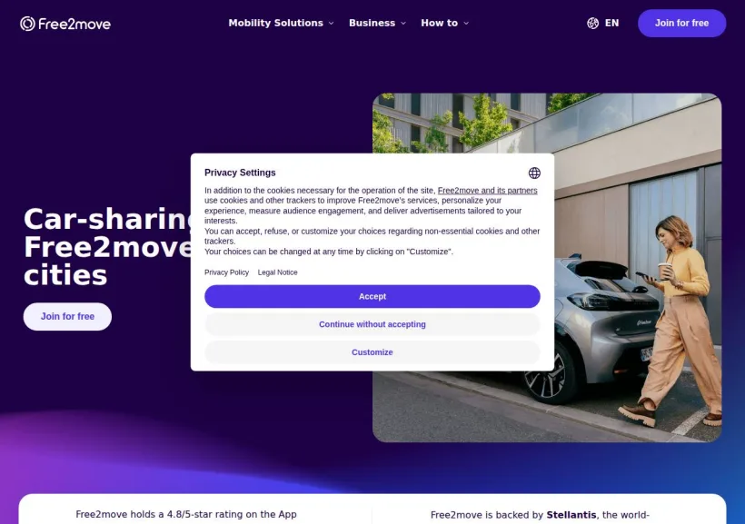 Schermata della pagina offerta di Free2move