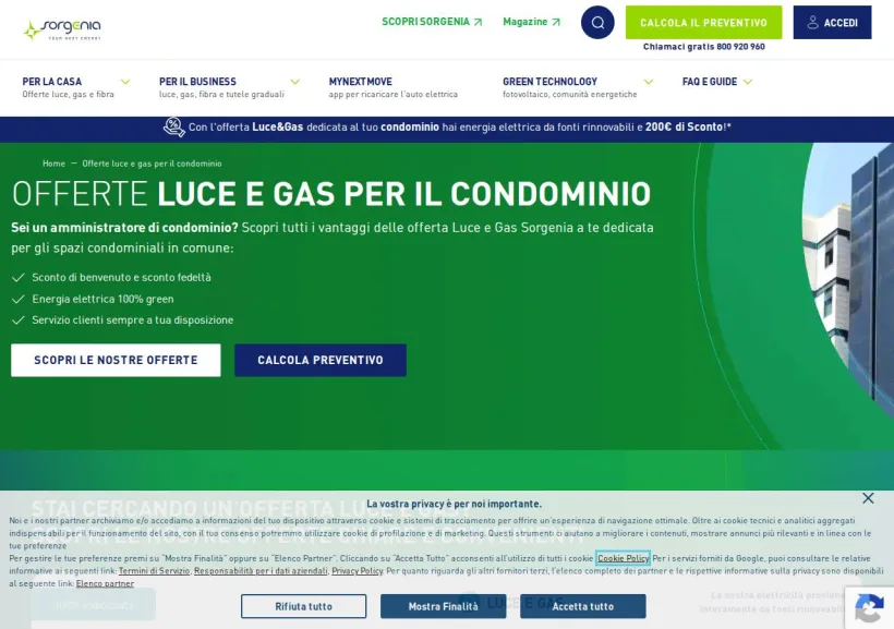 Schermata della pagina offerta di Sorgenia
