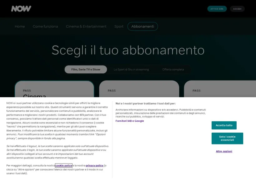 Schermata della pagina offerta di Now TV