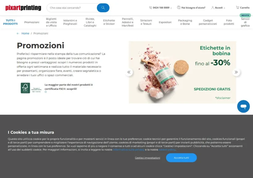 Schermata della pagina offerta di Pixartprinting